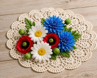 Bright red poppies, white daisies with yellow centers and vivid blue chrysanthemums with green buds arranged on a cream crocheted doily atop a rustic wooden table.