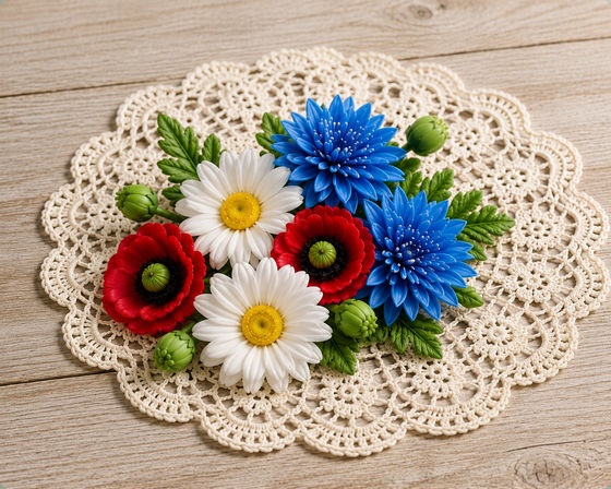 Bright red poppies, white daisies with yellow centers and vivid blue chrysanthemums with green buds arranged on a cream crocheted doily atop a rustic wooden table.