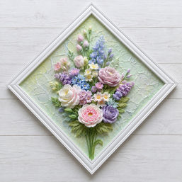 Diamond-oriented white framed pastel floral wall art with textured green background and a 3D bouquet of pink, lavender, and white blooms, stylish home decor