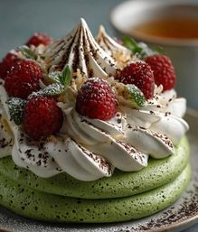 Close-up of vibrant green matcha pancakes stacked and topped with piped whipped cream, fresh raspberries, mint leaves, chocolate shavings and powdered sugar, with a blurred cup of tea in the background.
