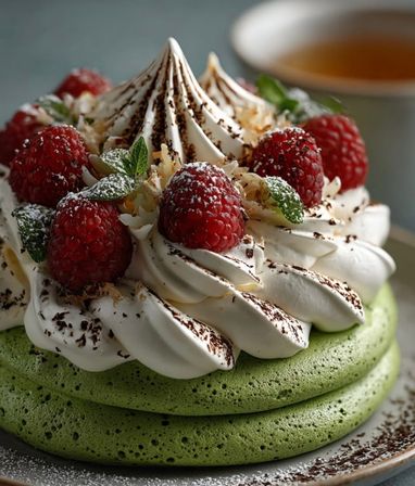Close-up of vibrant green matcha pancakes stacked and topped with piped whipped cream, fresh raspberries, mint leaves, chocolate shavings and powdered sugar, with a blurred cup of tea in the background.