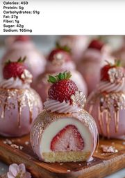 Close-up of pink chocolate-coated strawberry bonbons topped with fresh strawberries, rose-gold leaf and piped frosting on a wooden serving board, with a nutrition facts overlay.