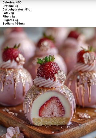 Close-up of pink chocolate-coated strawberry bonbons topped with fresh strawberries, rose-gold leaf and piped frosting on a wooden serving board, with a nutrition facts overlay.