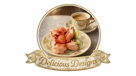 Logo-style image of elegant gold-trimmed china: steaming teacup and plate with flower-shaped pink pastries on a decorative ribbon banner.