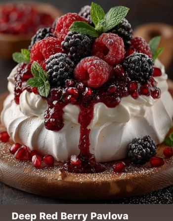 Close-up of a decadent berry pavlova on a wooden board — crisp white meringue topped with raspberries, blackberries, pomegranate seeds, mint leaves and deep-red berry sauce dusted with powdered sugar.