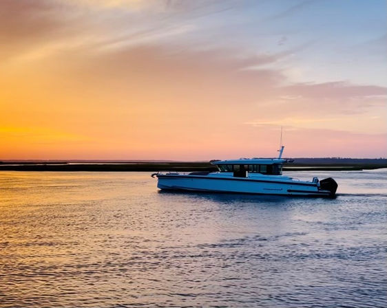 Single modern motorboat cruising on a calm coastal inlet at sunset, golden and pink sky reflecting on rippled water.