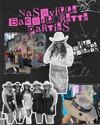 Playful collage promoting Nashville bachelorette parties: group of women in cowboy hats and dresses, cowgirl outfit close-up, neon mural and decorated cowboy hat.