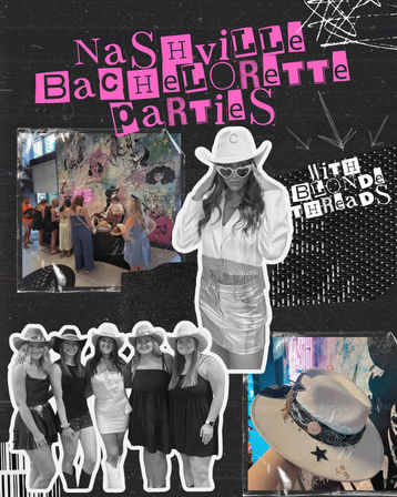 Playful collage promoting Nashville bachelorette parties: group of women in cowboy hats and dresses, cowgirl outfit close-up, neon mural and decorated cowboy hat.