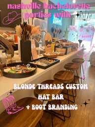 Nashville bachelorette party hat-bar setup on a kitchen island with custom hat and boot branding supplies, trays of patches and pins, dried pampas grass in a vase, wooden bar stools and pink rodeo balloons