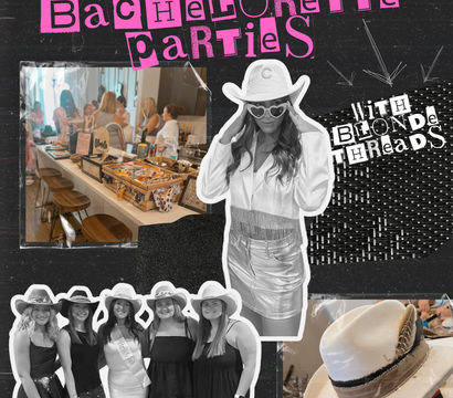 Nashville bachelorette party collage — cowgirl-themed group wearing hats, snack-filled kitchen island, hat-making close-up, and a stylized hot-pink party title.