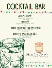 Festive cocktail bar menu poster listing Aperol Spritz, Negroni, Apple Cinnamon Old Fashioned and Cherry & Sage mocktail, decorated with colorful string lights and hand-drawn whiskey glasses with citrus garnish — illustrated craft cocktail menu design.