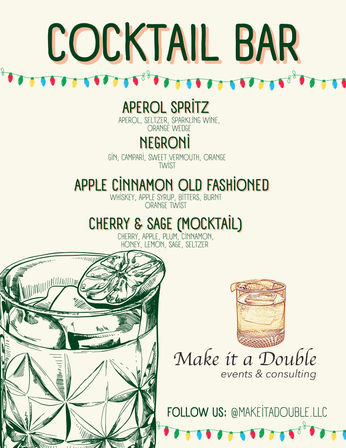 Festive cocktail bar menu poster listing Aperol Spritz, Negroni, Apple Cinnamon Old Fashioned and Cherry & Sage mocktail, decorated with colorful string lights and hand-drawn whiskey glasses with citrus garnish — illustrated craft cocktail menu design.