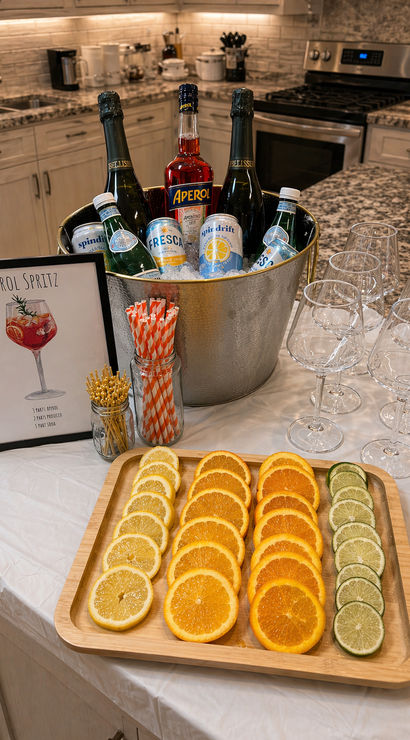 Aperol Spritz drink station on a kitchen island: ice-filled metal bucket with Aperol, sparkling bottles and mixers, lined wine glasses, striped paper straws, and a wooden tray of lemon, orange and lime slices for garnishes.