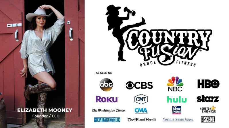 Woman in a glittery romper, cowboy hat and embroidered boots posing in a red barn doorway; right side features a bold country dance-fitness logo and multiple media and streaming logos on a white background.