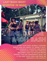 Outdoor Nashville country line-dance lesson at a bach bash — women in cowboy hats, tank tops and boots dancing on a wooden deck, festive party vibe