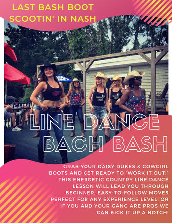 Outdoor Nashville country line-dance lesson at a bach bash — women in cowboy hats, tank tops and boots dancing on a wooden deck, festive party vibe