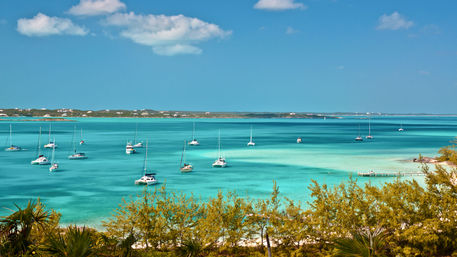 Crystal-clear turquoise bay dotted with anchored sailboats, a sandy shore, wooden pier and palm trees along a tropical island coastline under a bright blue sky.