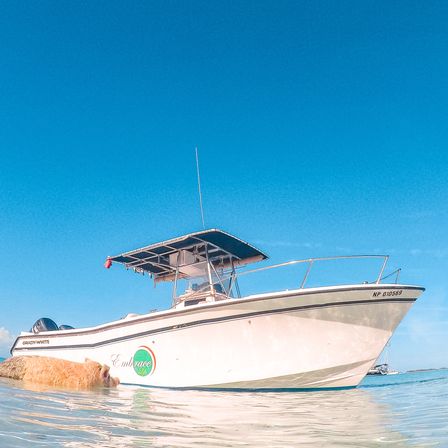 Golden retriever wading beside a white motorboat anchored in shallow clear turquoise water under a bright blue sky.