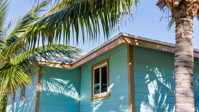Cheerful turquoise beach bungalow with tan trim under a clear blue sky, palm fronds and a palm trunk casting tropical shadows on the siding.
