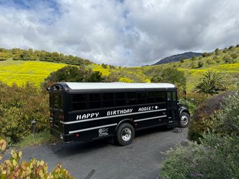 Black party bus with a birthday message parked on a driveway beside rolling green hills blanketed in bright yellow wildflowers, palm tree and distant mountains under a cloudy sky.