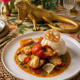 Lobster curry in a creamy sauce with lime slices, cherry tomatoes and a crispy lotus-root chip beside a dome of jasmine rice on a white plate, set on a tropical table with a gold iguana centerpiece.
