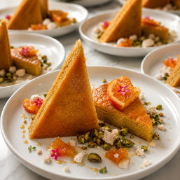 Golden triangular semolina cake slices (basbousa) topped with candied orange and tiny pink edible flowers, served with chopped pistachios, crumbled meringue and honey drizzle on white plates