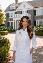 Smiling chef in a white coat and apron standing on a gravel driveway outside a shingle-style luxury estate with manicured hedges and hydrangea borders.