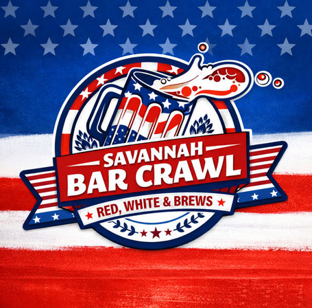 Patriotic American event logo with a frothy beer mug decorated in stars and stripes, bold banner reading BAR CRAWL and a ribbon saying RED, WHITE & BREWS over a red, white and blue flag background.