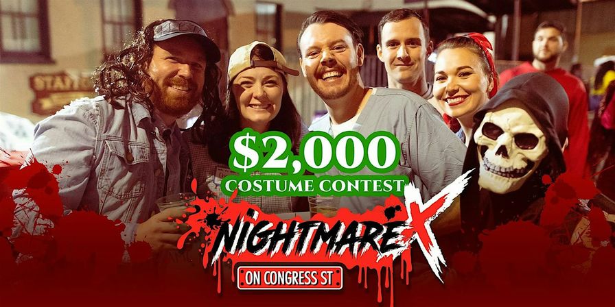 Smiling group in Halloween costumes, including a skull-faced hood, at a nighttime street festival — promotional overlay for a $2,000 costume contest and NightmareX event on Congress St.
