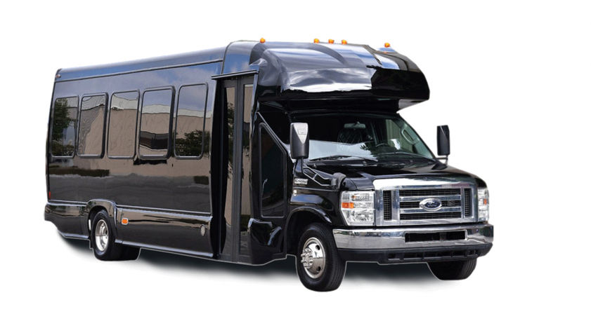 Sleek black passenger shuttle bus with tinted windows and open side door, high-roof coach ideal for group transport, events, or charter service