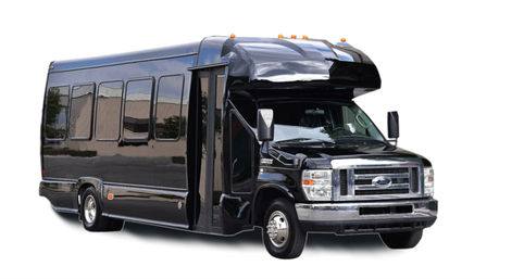Sleek black passenger shuttle bus mini-coach on white background with tinted windows, open side entry door and chrome grille and wheels — group transport/charter vehicle.