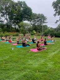 Outdoor group fitness/yoga class on a green lawn with participants on colorful mats stretching pink resistance bands beneath tall trees in a park-like garden.