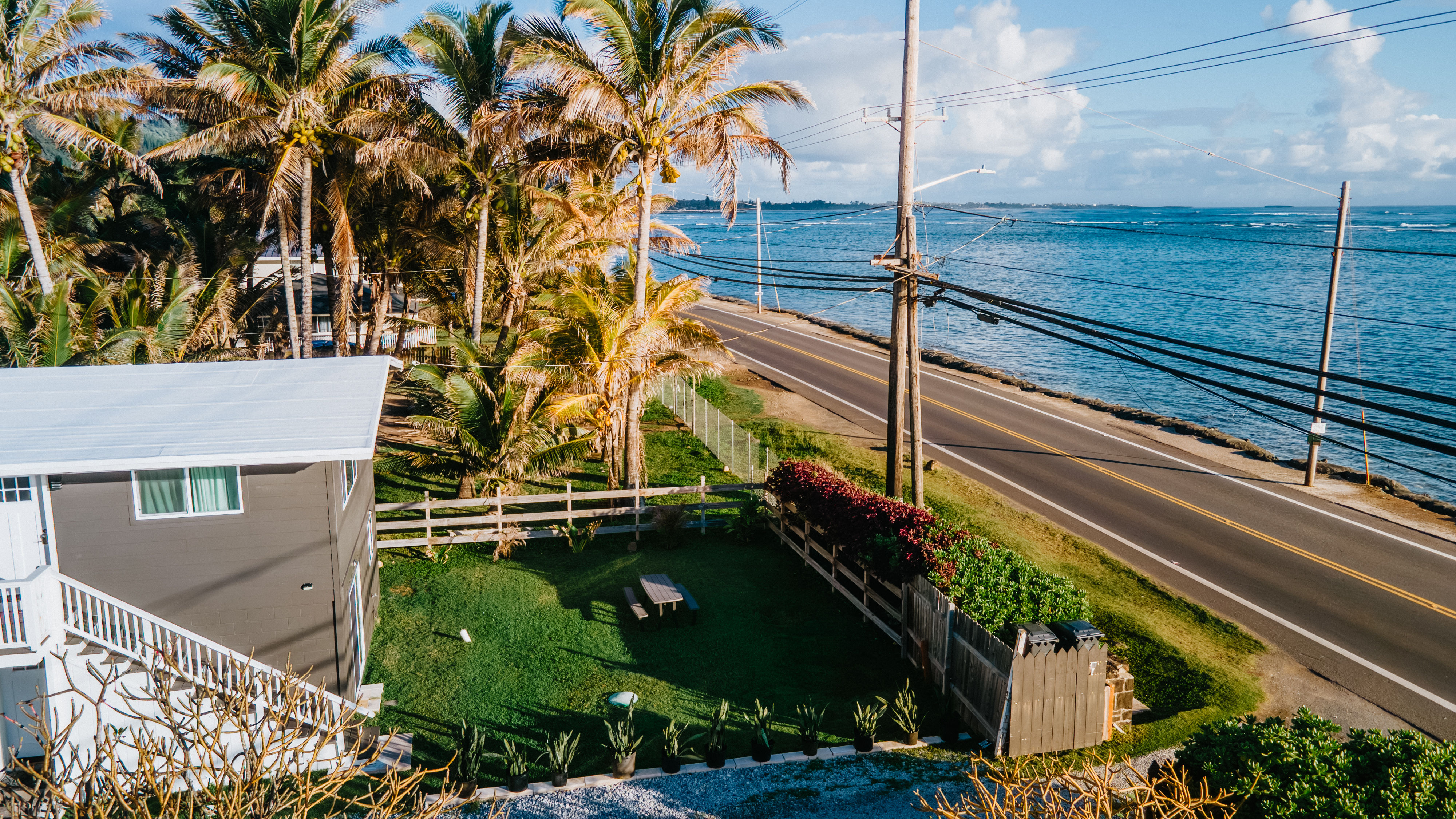 Aerial view of a sunny tropical coastline: palm trees lining an oceanfront two‑lane road with power lines, turquoise sea, and a small seaside house with white roof and fenced yard and picnic table.