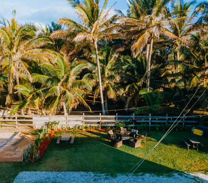 Sunlit tropical coastal yard with tall coconut palms, green lawn, picnic table and lounge chairs around a fire pit, string lights overhead, and a deck with solar panels.