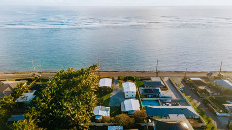 Aerial view of a tropical coastline with palm-tree-lined beachfront homes, a coastal road and calm blue ocean waves