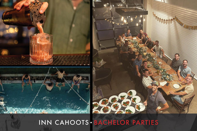 Three-panel collage: bartender pouring a cocktail into a rocks glass, overhead pool shot with men relaxing at the water’s edge, and a long indoor dinner table of friends enjoying plated meals — lively bachelor party atmosphere.