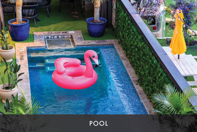 Bright pink inflatable flamingo floating in a small rectangular outdoor pool with clear blue water, surrounded by potted plants, turf patio seating, a green hedge and a yellow umbrella