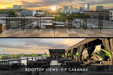 Golden sunset rooftop lounge overlooking a downtown skyline, wood deck and metal railing, outdoor seating and VIP cabanas