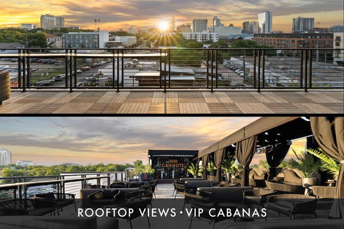 Golden sunset rooftop lounge overlooking a downtown skyline, wood deck and metal railing, outdoor seating and VIP cabanas
