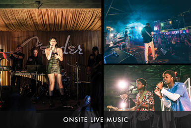Vibrant collage of onsite live music: female lead singer on a curtained stage, night-time band performing for a large crowd, and a close-up of two vocalists.