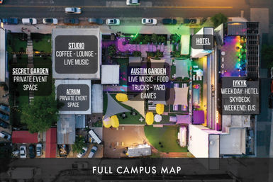 Aerial nighttime map of an Austin outdoor entertainment campus: colorful courtyard with tents, yellow umbrellas, food trucks, yard games and live music, plus hotel rooftop skydeck and private event gardens.