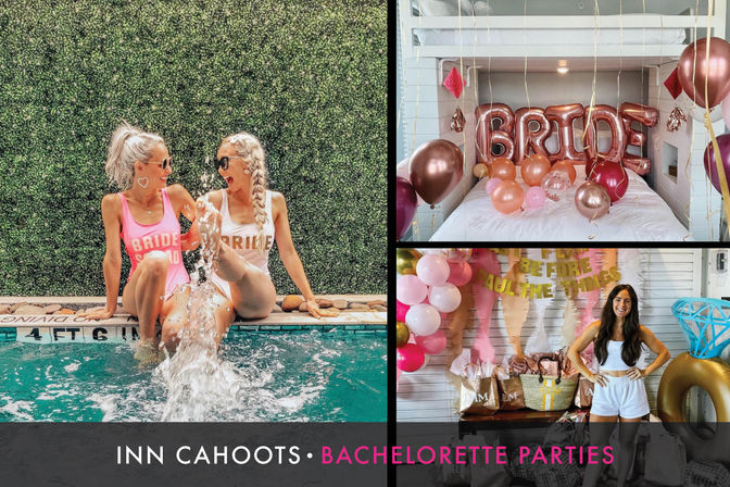 Fun bachelorette party collage: friends splashing poolside in "BRIDE" swimsuits, a bed with rose-gold "BRIDE" balloons, and a woman posing by a pink balloon arch and gift bags.