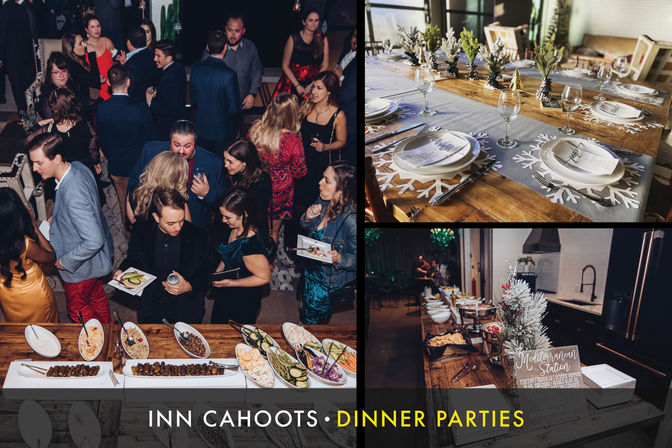 Festive indoor dinner party with guests mingling around a wooden buffet of appetizers, catered stations, and elegant winter-themed place settings.