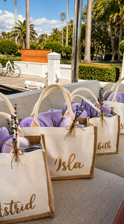 Cream canvas tote gift bags filled with lavender-colored goodies and dried lavender sprigs, lined up on a yacht bench at a sunny palm-tree marina dock.