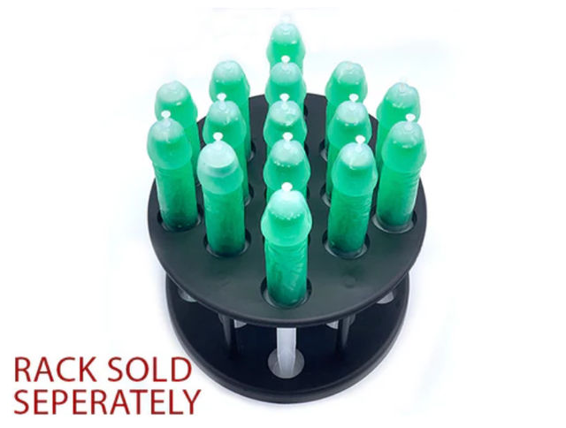 Black round holder with 12 green cylindrical freezer-pop molds topped with white caps on a white background; red "RACK SOLD SEPERATELY" text in bottom left.
