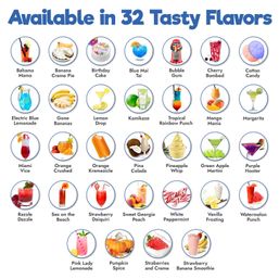 Vibrant menu-style chart titled 'Available in 32 Tasty Flavors' showing 32 circular icons and names of colorful cocktail and dessert flavors like Bahama Mama, Bubble Gum, Pina Colada, Mango Mania, Watermelon Punch and Pumpkin Spice.
