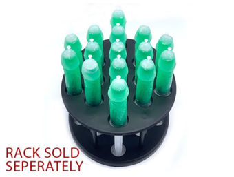 Black circular popsicle mold rack holding 12 bright green frozen ice pops on a white background, product shot with red "RACK SOLD SEPARATELY" note.