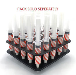 Black two-tier rack filled with red-and-white striped push-pop dessert syringes, neatly arranged in a grid for baking and candy dispensing on a white background