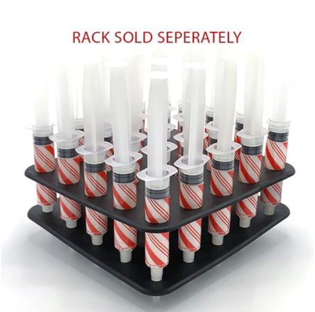 Black two-tier rack filled with red-and-white striped push-pop dessert syringes, neatly arranged in a grid for baking and candy dispensing on a white background