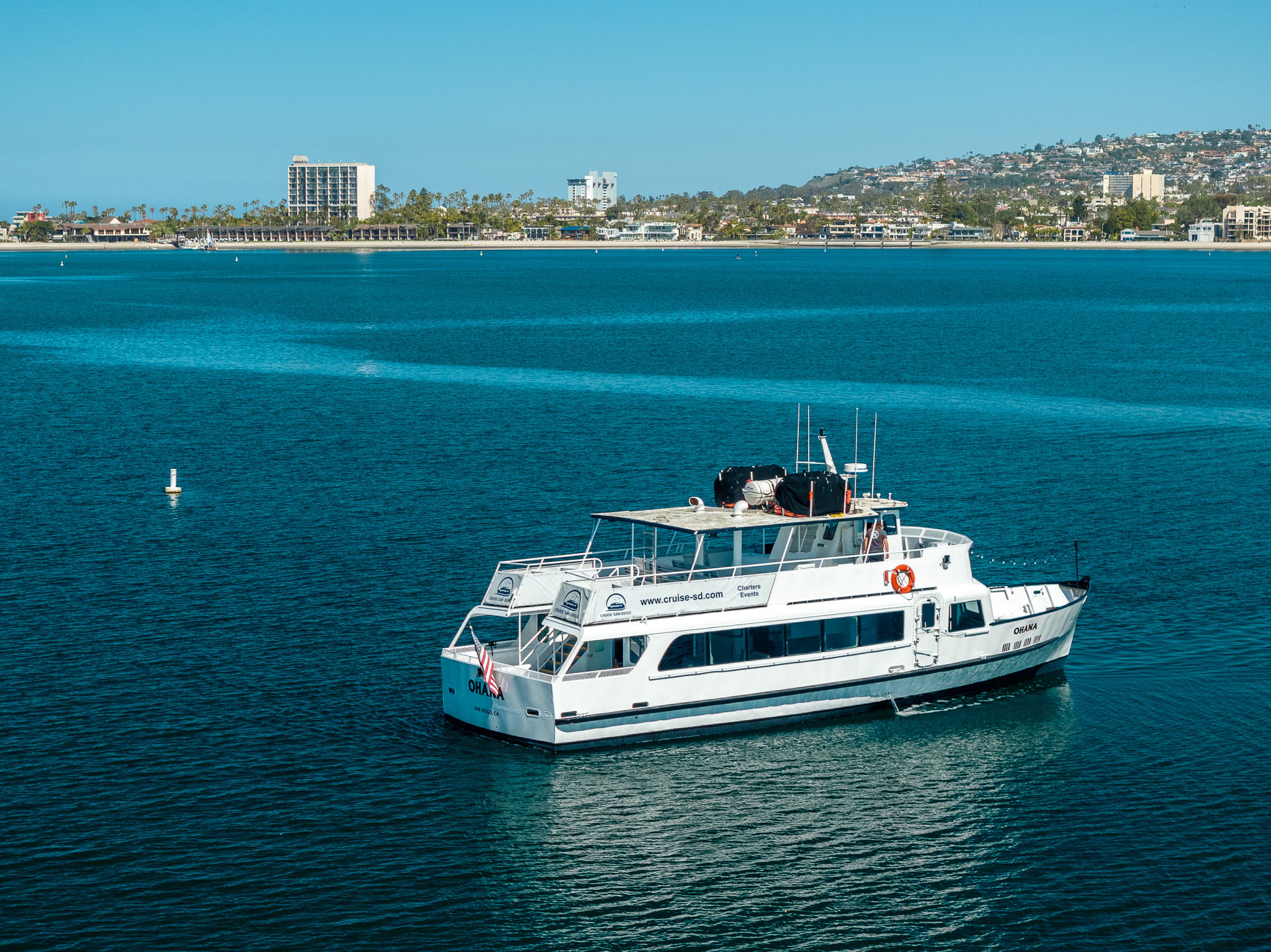 White sightseeing yacht gliding on calm teal waters of San Diego Bay with a palm-lined shoreline and low-rise city skyline under a clear blue sky.
